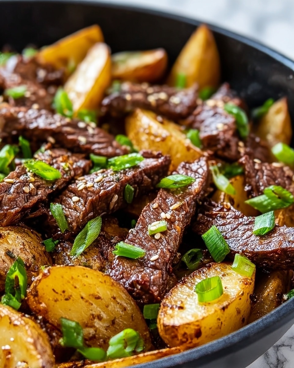 The image shows a close-up of a dish with thick slices of grilled steak placed among golden-brown roasted potato wedges. The steak pieces are dark and slightly charred with a juicy texture, and the potatoes have a crispy skin with a soft inside. On top of the meat and potatoes, there are small pieces of fresh green onions scattered evenly, adding a pop of bright green color. The background is a white marbled texture, creating a clean and simple look. Photo taken with an iphone --ar 4:5 --v 7