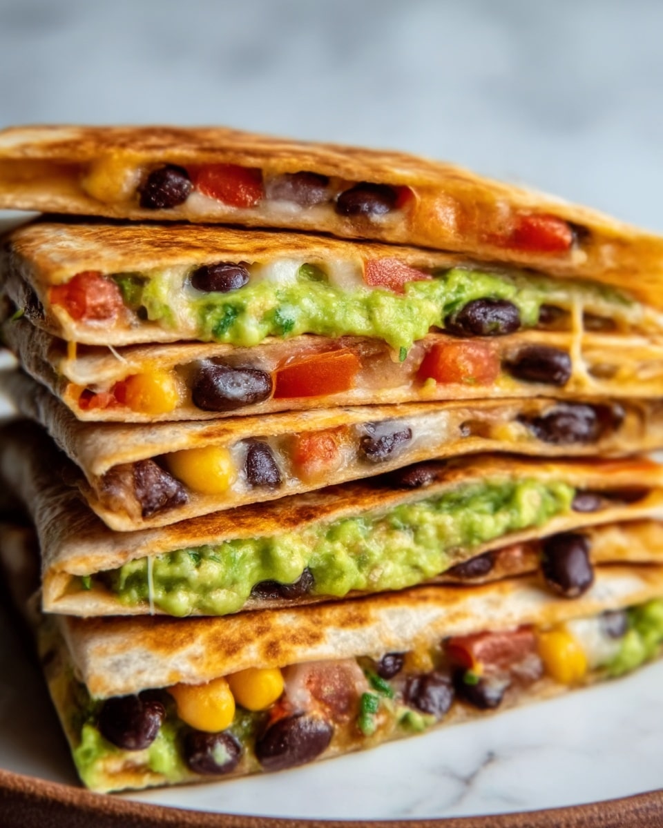 A close-up image of a stack of four quesadilla slices on a white plate, each slice showing multiple thin layers. The top layer is a golden-brown crispy tortilla with a slight shine. Inside, visible layers include melted white and orange cheese stretching slightly, bits of black beans, small red tomato pieces, and a layer of bright green creamy guacamole. The textures range from crispy on the outside to gooey and soft inside, with the beans adding a smooth, round shape and the guacamole a creamy spread. The background is a white marbled texture. Photo taken with an iphone --ar 4:5 --v 7