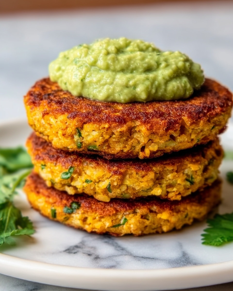 The image shows a stack of three crispy patties with a golden brown color and a rough texture, each patty separated by bits of green leafy herbs peeking out between them. On top of the stack is a dollop of thick, pale green sauce with a creamy texture. The patties have an uneven, crunchy surface, and the scene is set on a white marbled surface. photo taken with an iphone --ar 4:5 --v 7