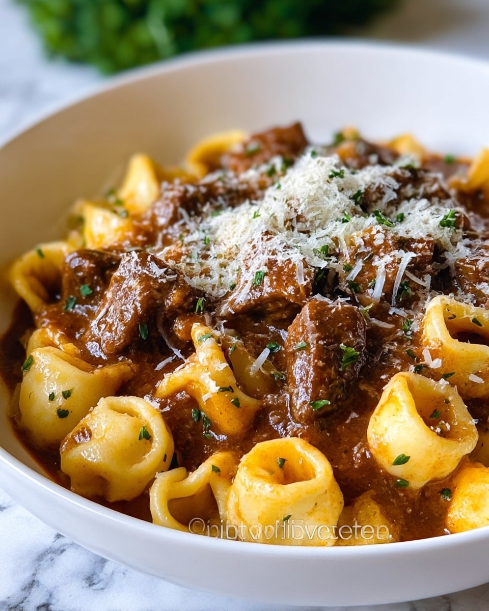 A white bowl filled with pasta and beef chunks in rich brown sauce, with about two layers visible; the pasta is light yellow with a soft, slightly glossy texture and rounded shapes, while the beef pieces are dark brown and tender-looking, scattered evenly throughout. The dish is topped with fine white grated cheese and small green herb bits sprinkled lightly over the sauce, adding color contrast. The background shows a blurred green element, and everything sits on a white marbled surface. Photo taken with an iphone --ar 4:5 --v 7