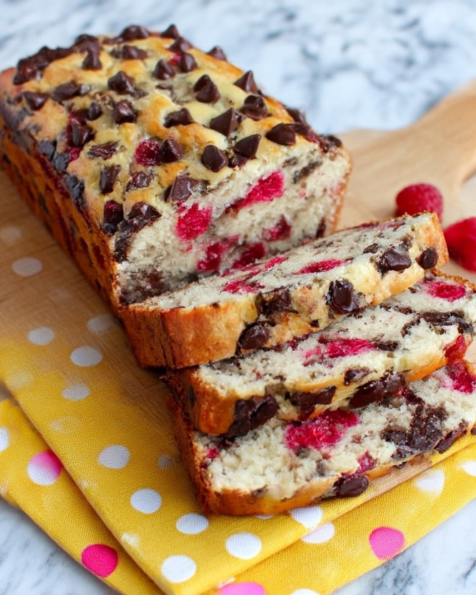 The image shows a loaf of fruit and chocolate chip bread on a wooden cutting board. The loaf is sliced to reveal a soft, light beige interior filled with dark chocolate chips and bright red berries evenly spread throughout three visible layers. The top is golden brown with scattered melted chocolate chips and bits of berries. The cutting board rests on a yellow cloth with white and pink polka dots, and the background is a white marbled texture. photo taken with an iphone --ar 4:5 --v 7