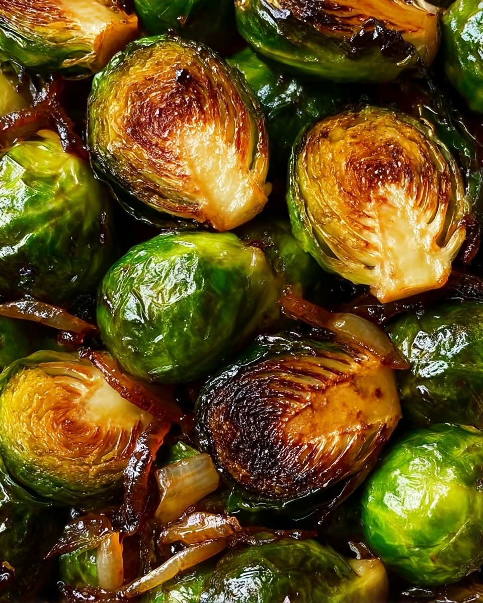The image shows close-up roasted Brussels sprouts cut in half, piled together. Each sprout has a golden brown, slightly charred outer layer with crispy edges, contrasting with the bright green inner leaves. The surface looks glossy with a sticky glaze, and small bits of cooked onion or garlic are scattered on top. The texture appears crisp on the outside and tender inside. The background shows a white marbled texture. photo taken with an iphone --ar 4:5 --v 7