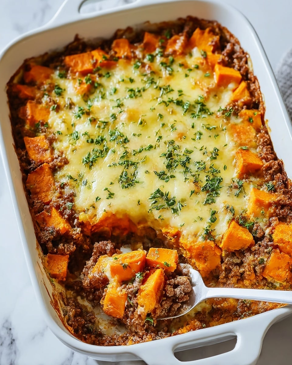 The image shows a baked casserole in a white rectangular dish with handles, placed on a white marbled surface. The dish has three clear layers: the bottom layer is made of soft, bright orange sweet potato chunks, the middle layer consists of brown ground beef mixed evenly, and the top layer is covered in melted pale yellow cheese sprinkled with dark green chopped herbs. A white spatula scoops out some of the casserole from the front right corner, revealing the layers clearly. The overall look is warm and hearty with a mix of chunky and smooth textures. Photo taken with an iphone --ar 4:5 --v 7