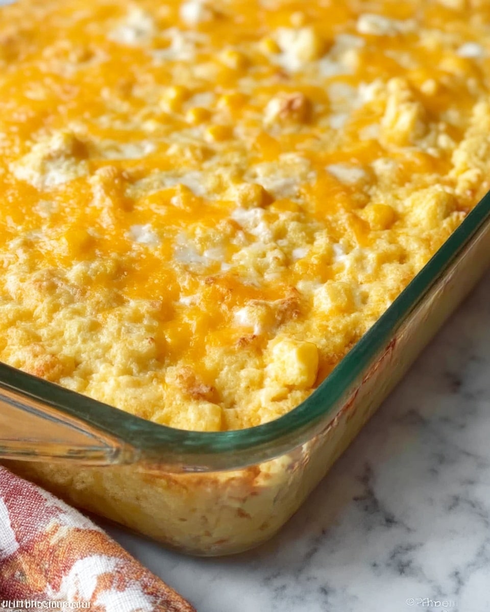 A close-up of a baked corn casserole in a clear glass rectangular dish, showing a textured top layer of golden yellow melted cheese with slightly browned spots and creamy yellow corn mixed throughout. The dish is placed on a white marbled surface with a checkered cloth in green, white, red, and brown tones nearby. The casserole has an even, slightly bumpy surface with visible kernels and shredded cheese melted into the top. Photo taken with an iphone --ar 4:5 --v 7