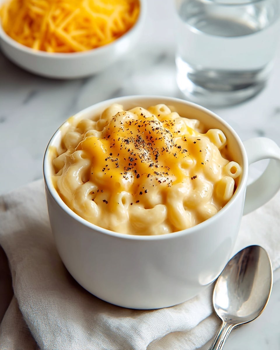 A white bowl filled with creamy macaroni pasta topped with a layer of melted bright orange cheese and sprinkled with coarse black pepper. The pasta is soft and glossy with a rich white sauce underneath the cheese. The bowl is placed on a light-colored cloth on a white marbled surface, with a shiny silver spoon to the right. In the background, a small white bowl with shredded cheese is slightly blurred. Photo taken with an iphone --ar 4:5 --v 7