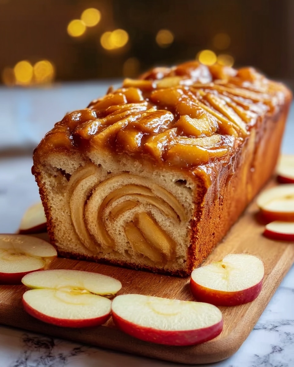 The image shows a loaf of apple cinnamon bread sliced to reveal two distinct parts: the top layer covered with glossy, caramelized apple chunks that are golden brown with a sticky texture, and the inside layer displaying soft bread with visible thin swirls of cinnamon and slices of apple, giving it a light beige and brown marbled look. The loaf rests on a wooden board with some apple slices arranged around it, all placed on a white marbled surface. Photo taken with an iphone --ar 4:5 --v 7