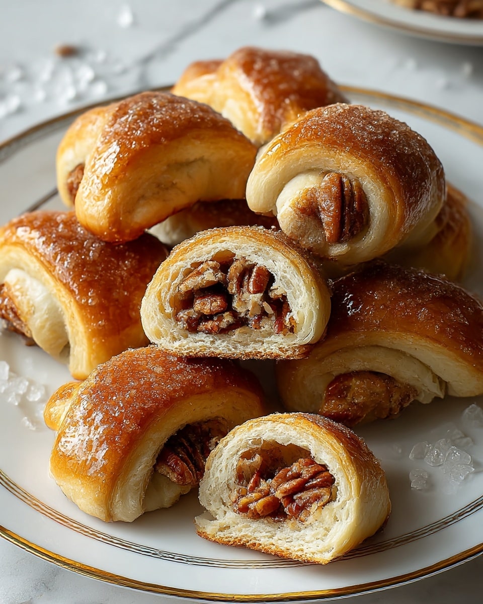 The image shows a white plate with six golden-brown crescent rolls arranged in a close circle. Each crescent has a glossy, crunchy top layer sprinkled with coarse sugar, giving a sparkling texture. Two of the rolls are cut open, revealing several shiny, reddish-brown pecan halves inside layered on soft, flaky pastry dough with a light brown sugary filling beneath. The rolls have a visibly layered, soft interior with a slightly crispy outer crust. The plate is set on a white marbled surface with some crumbs scattered around. photo taken with an iphone --ar 4:5 --v 7