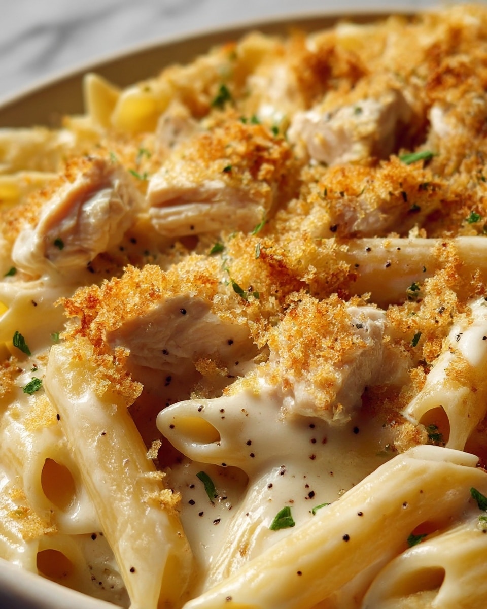 The dish is a close-up of baked pasta with creamy cheese sauce, topped with golden brown crispy breadcrumbs and small pieces of white chicken placed evenly across the top. The pasta is tubular and coated in a smooth, pale yellow cheese layer, speckled with black pepper and small green parsley bits scattered around. The crumbs have a crunchy texture with a warm toasted color, pressing lightly on the creamy sauce. The overall scene shows the dish served in a white bowl against a white marbled texture background photo taken with an iphone --ar 4:5 --v 7