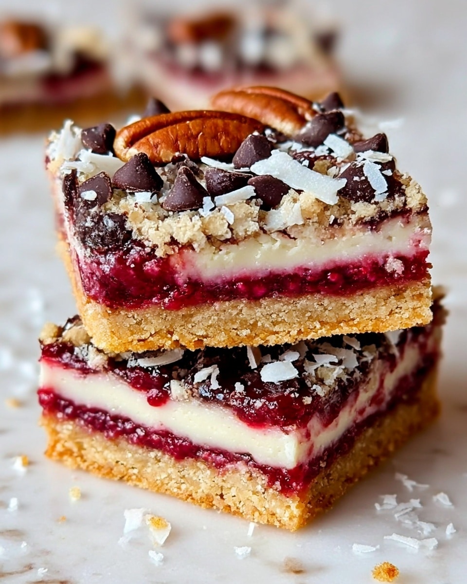 The image shows two stacked dessert bars with four visible layers. The bottom layer is a crumbly, golden brown crust with a rough texture. Above this is a smooth, creamy white layer, topped by a bright red berry filling that looks juicy and textured with small whole berries. The top layer is a crumbly mix covered with scattered dark chocolate chips, large pecan halves, and white coconut flakes, adding a crunchy texture. The dessert bars are placed on a white marbled surface with some crumbs around them. photo taken with an iphone --ar 4:5 --v 7