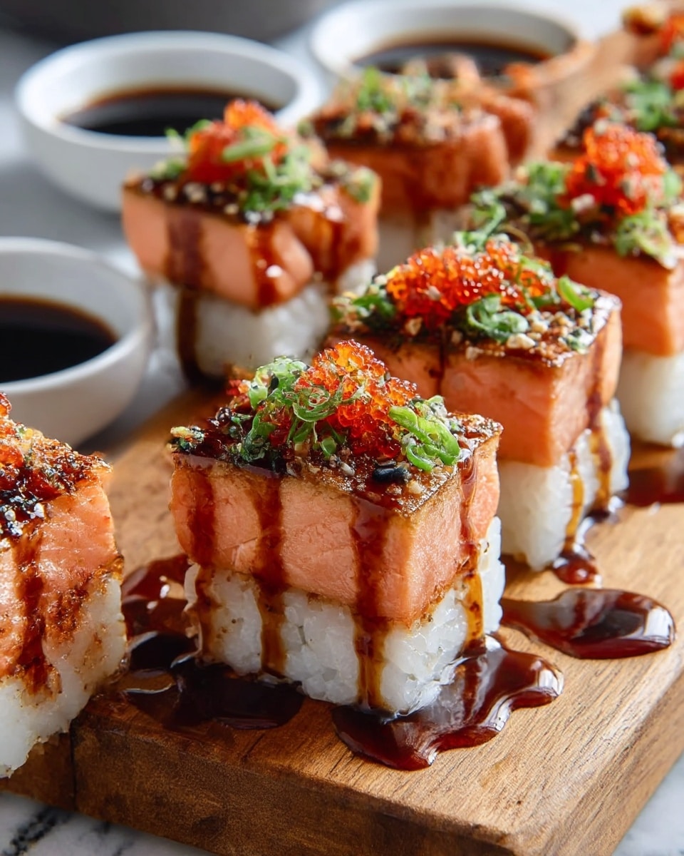This image shows a close-up of sushi cubes arranged in a neat row on a wooden board placed on a white marbled surface. Each sushi piece has two layers: a bottom layer of tightly packed white rice and a thick top layer of pink-orange seared salmon with a slightly charred texture. The salmon is topped with small bright red fish eggs and finely chopped green onions, along with tiny black and white sesame seeds sprinkled on top. Dark brown sauce is drizzled over the salmon and dripping onto the wooden board, adding a glossy finish. In the background, there are two small white bowls filled with dark soy sauce. Photo taken with an iphone --ar 4:5 --v 7