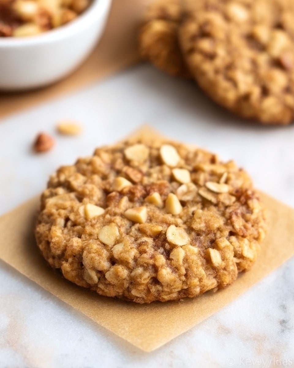 A single round cookie sits on a small square piece of parchment paper, placed on a white marbled surface. The cookie is thick and textured, showing visible chunks of nuts and bits of oats throughout, giving it a rough and bumpy look. The cookie is golden brown with lighter pieces of chopped nuts scattered on top and embedded inside. In the blurred background, there is a white bowl with more nuts and another similar cookie slightly out of focus. The lighting is soft and natural, emphasizing the cookie’s texture and warm color. Photo taken with an iphone --ar 4:5 --v 7