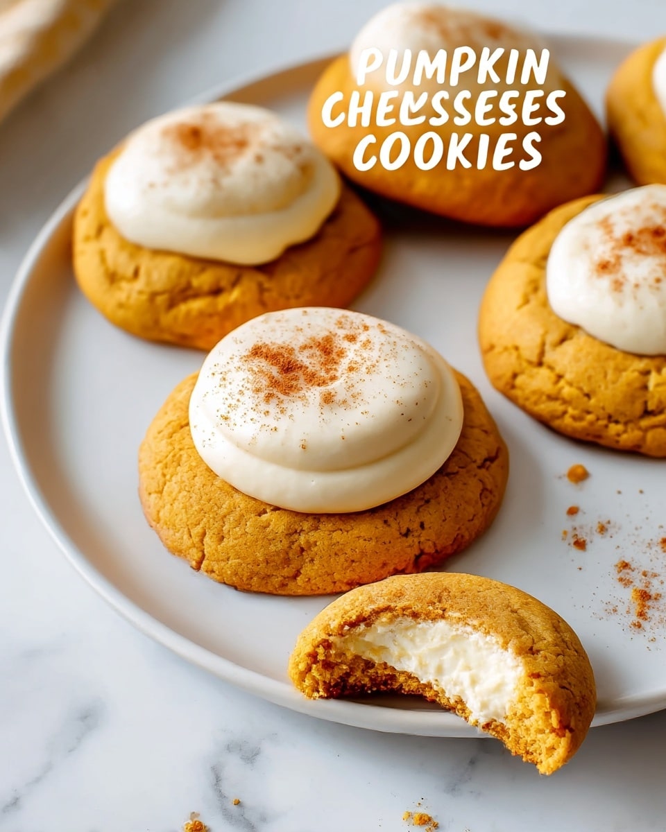 The image shows five pumpkin cheesecake cookies on a white plate with a smooth blue tint, placed on a white marbled surface. Each cookie has a thick, soft orange pumpkin base with a slightly cracked texture, topped by a creamy, pale beige cheesecake layer that's smooth with specks of cinnamon sprinkled on top. One cookie in the forefront is bitten, showing a soft and creamy cheesecake center contrasting with the denser cookie crust around it. Light cinnamon powder is sprinkled around the plate and on the marbled surface, adding a rustic touch. Photo taken with an iphone --ar 4:5 --v 7