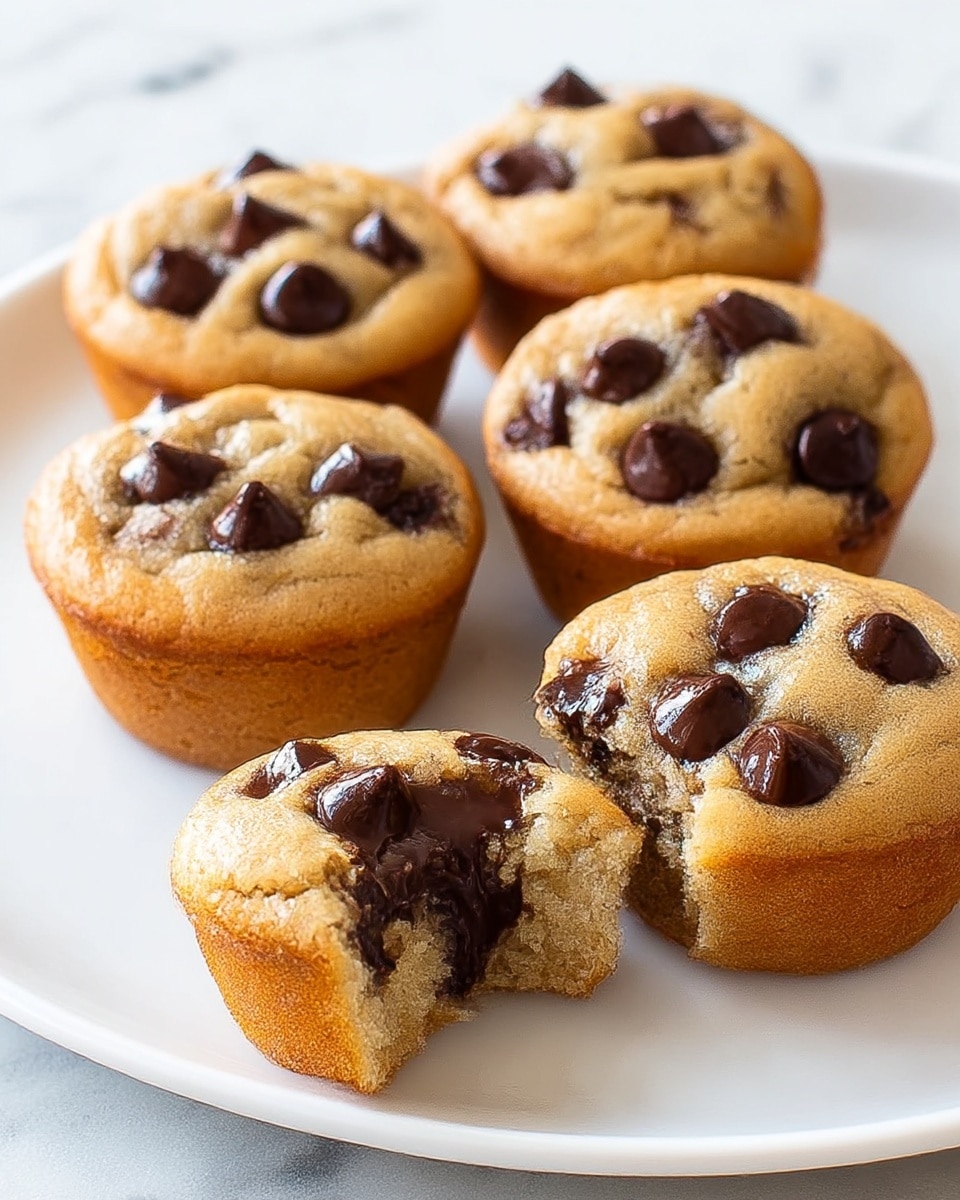 The image shows five golden brown mini chocolate chip muffins on a white plate, arranged close together with one muffin at the front left having a bite taken out, revealing its soft, moist interior filled with melted dark chocolate chips. Each muffin top is slightly cracked with a few large, shiny chocolate chips embedded on the surface, creating a textured and inviting look. The plate rests on a white marbled surface with soft natural lighting highlighting the warm tones of the muffins. photo taken with an iphone --ar 4:5 --v 7