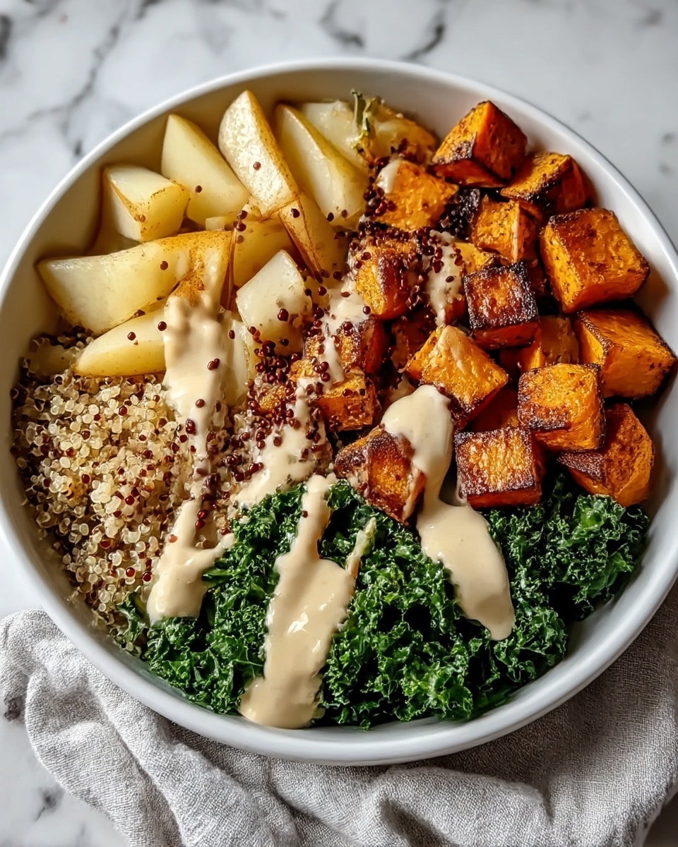 A white bowl with four layers arranged side by side fills the frame: bright green kale on the far right with a curly texture, pale yellow diced pears next to it, golden-brown roasted butternut squash cubes with charred edges beside the pears, and cooked quinoa grains at the bottom left in a light beige color. A creamy light beige sauce is drizzled over all the layers diagonally, topped with tiny dark red quinoa seeds sprinkled across the dish. The bowl is on a white marbled surface with a folded light gray cloth partially visible. Photo taken with an iphone --ar 4:5 --v 7