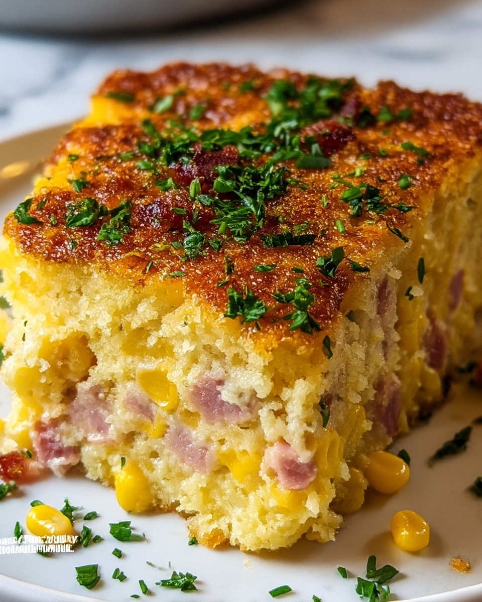 A close-up of a thick slice of baked corn casserole shows a golden brown, crispy top layer sprinkled with chopped green herbs. Below the crunchy top, the casserole is creamy and soft, filled with yellow corn kernels and bits of pinkish ham evenly spread throughout. The dish sits on a white plate on a white marbled surface, with small herbs scattered around the plate. The texture of the casserole looks moist inside with a crunchy crust on top. Photo taken with an iphone --ar 4:5 --v 7