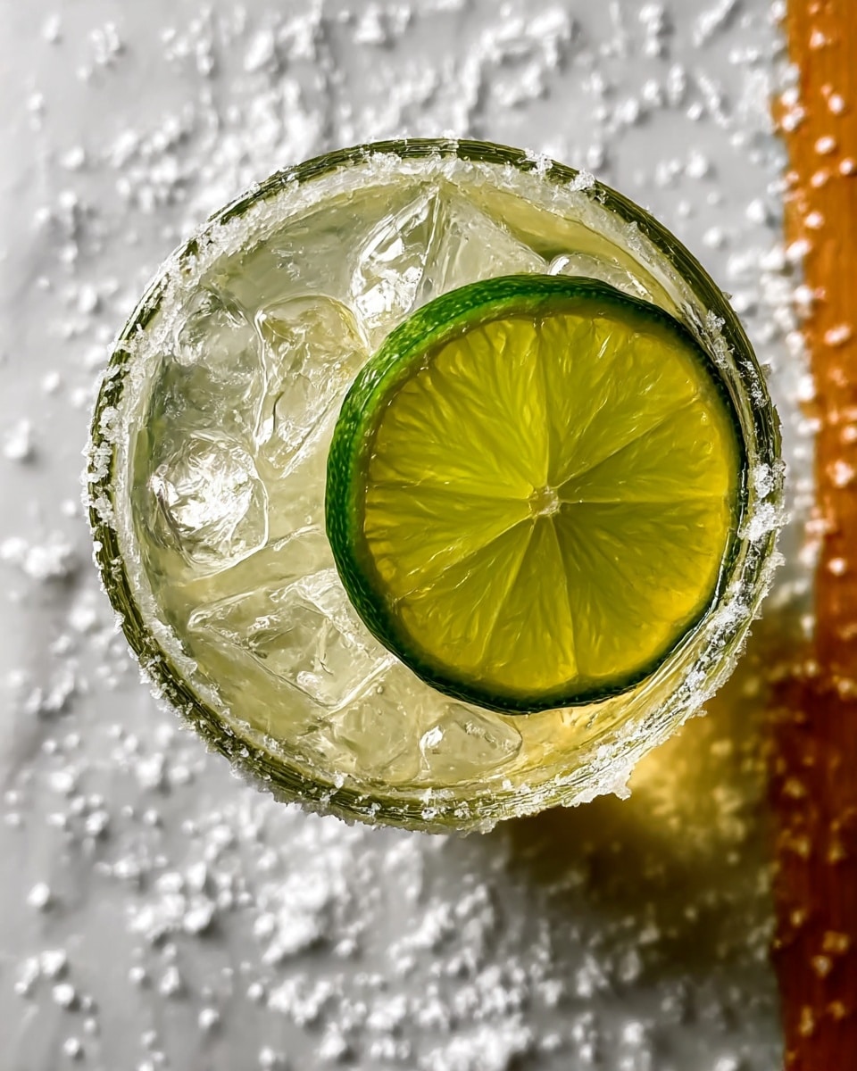 A close-up top view of a clear glass filled with large ice cubes and a light yellowish liquid, topped with a bright green lime slice in the center. The rim of the glass is coated with coarse salt grains which also scatter around the base on a white marbled surface. The textures of the ice and lime are very clear and fresh looking, with light reflecting off the ice and glistening salt crystals. photo taken with an iphone --ar 4:5 --v 7