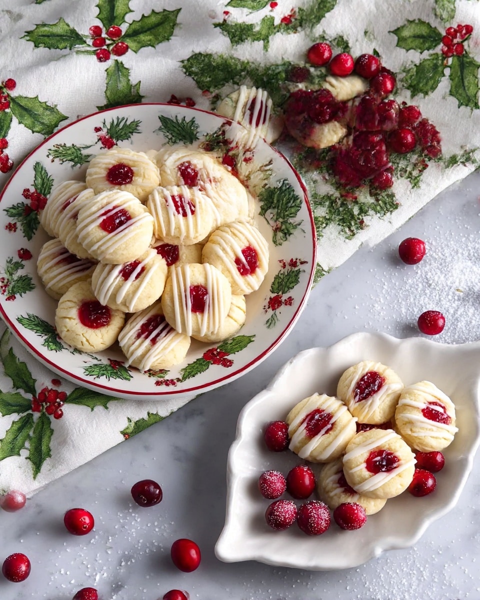 The image shows two white dishes filled with small round cookies arranged neatly; each cookie has a pale yellow base with a soft texture, topped with a bright red cranberry slice in the center, and a drizzle of white icing across the top. The larger plate, decorated with holly leaves and red berries around the rim, is fully loaded with cookies stacked evenly, some whole cranberries are scattered on the plate. The smaller dish shaped like a leaf also holds a pile of the same cookies amid a few loose cranberries. The background includes a white cloth printed with green holly leaves and red berries, all placed on a white marbled surface with some granulated sugar sprinkled around for a festive look. photo taken with an iphone --ar 4:5 --v 7