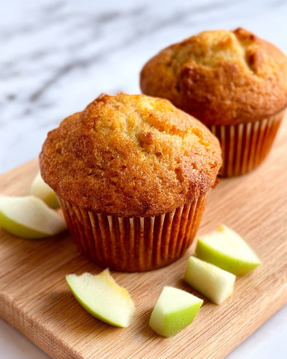 Two golden brown muffins with a slightly cracked top and a soft texture sit side by side on a light wooden board. Next to the muffins are small pieces of chopped green apple with white flesh. The background is a white marbled texture. photo taken with an iphone --ar 4:5 --v 7