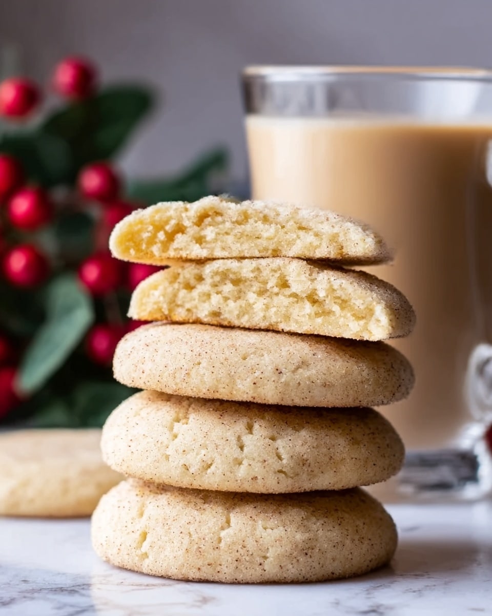 The image shows a stack of four soft, round cookies with a light golden color and a slightly cracked surface, suggesting a chewy texture. The top cookie is broken in half, revealing a soft, dense inside that is a pale yellow shade. Behind the cookies, there is a clear glass mug filled with a light beige drink, possibly coffee or tea with milk. To the side, blurred red berries and green leaves add a touch of nature to the white marbled surface. The lighting is soft, highlighting the crumbly texture and subtle specks on the cookies. Photo taken with an iphone --ar 4:5 --v 7