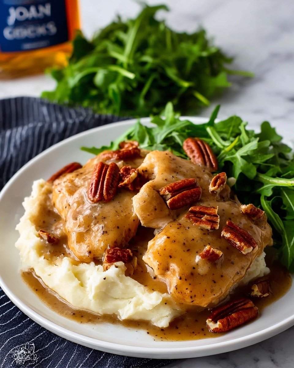 The dish shows a white plate with three layers: at the bottom is a smooth, creamy layer of pale mashed potatoes. On top lies a thick, rich brown gravy with visible black pepper specks, covering several pieces of tender, lightly golden chicken. Scattered on the chicken and gravy are small chunks of toasted pecans. Behind the plate, there is a small pile of fresh, bright green peeled leafy greens. The plate sits on a dark striped cloth over a white marbled surface. Photo taken with an iphone --ar 4:5 --v 7