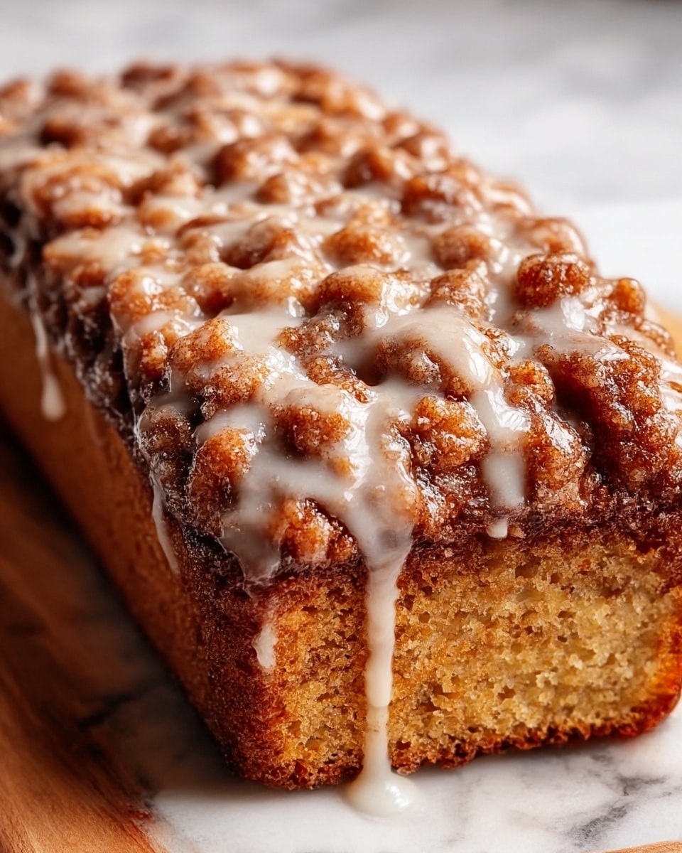 The image shows a close-up of a single rectangular loaf of crumb cake with a thick, crumbly top layer made of dark brown, caramelized streusel that looks crunchy and irregular, covering the entire surface. On top of the crumb layer, there is a shiny, slightly translucent white glaze that drips down the sides in small streams, adding a glossy texture. The bottom part of the loaf is a dense, golden brown cake, visible only at the edges under the crumb topping. The whole loaf rests on a white marbled surface. photo taken with an iphone --ar 4:5 --v 7