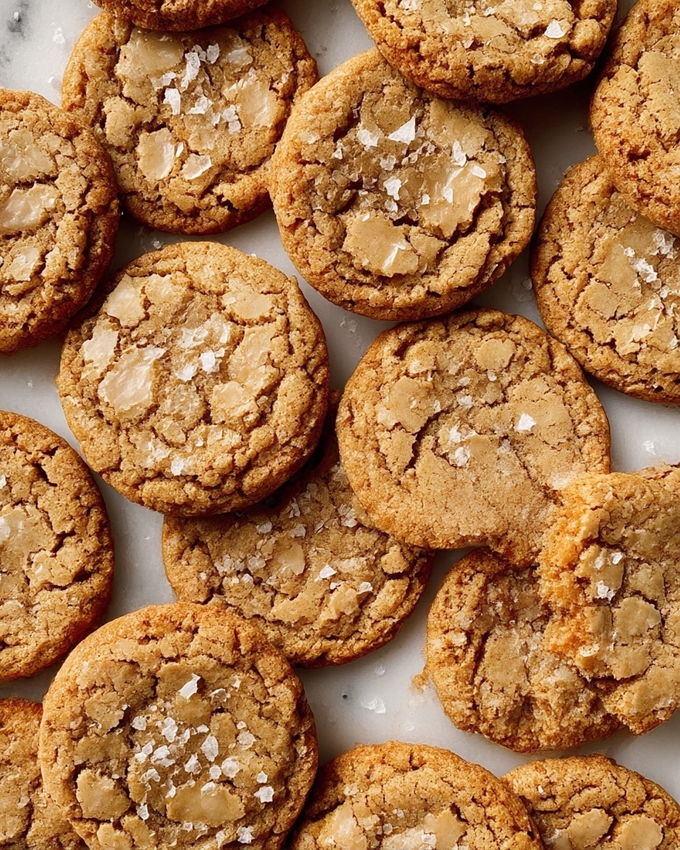 A close-up view of a tray filled with round cookies, each cookie having a cracked golden-brown surface with lighter caramel-colored patches spread unevenly across the top. The cookies have a slightly rough texture with visible granules of coarse salt sprinkled on them. One cookie is broken in half, showing a consistent crumbly inside that matches the exterior color. The cookies are arranged in a loose, slightly overlapping pattern on a white marbled textured tray. photo taken with an iphone --ar 4:5 --v 7