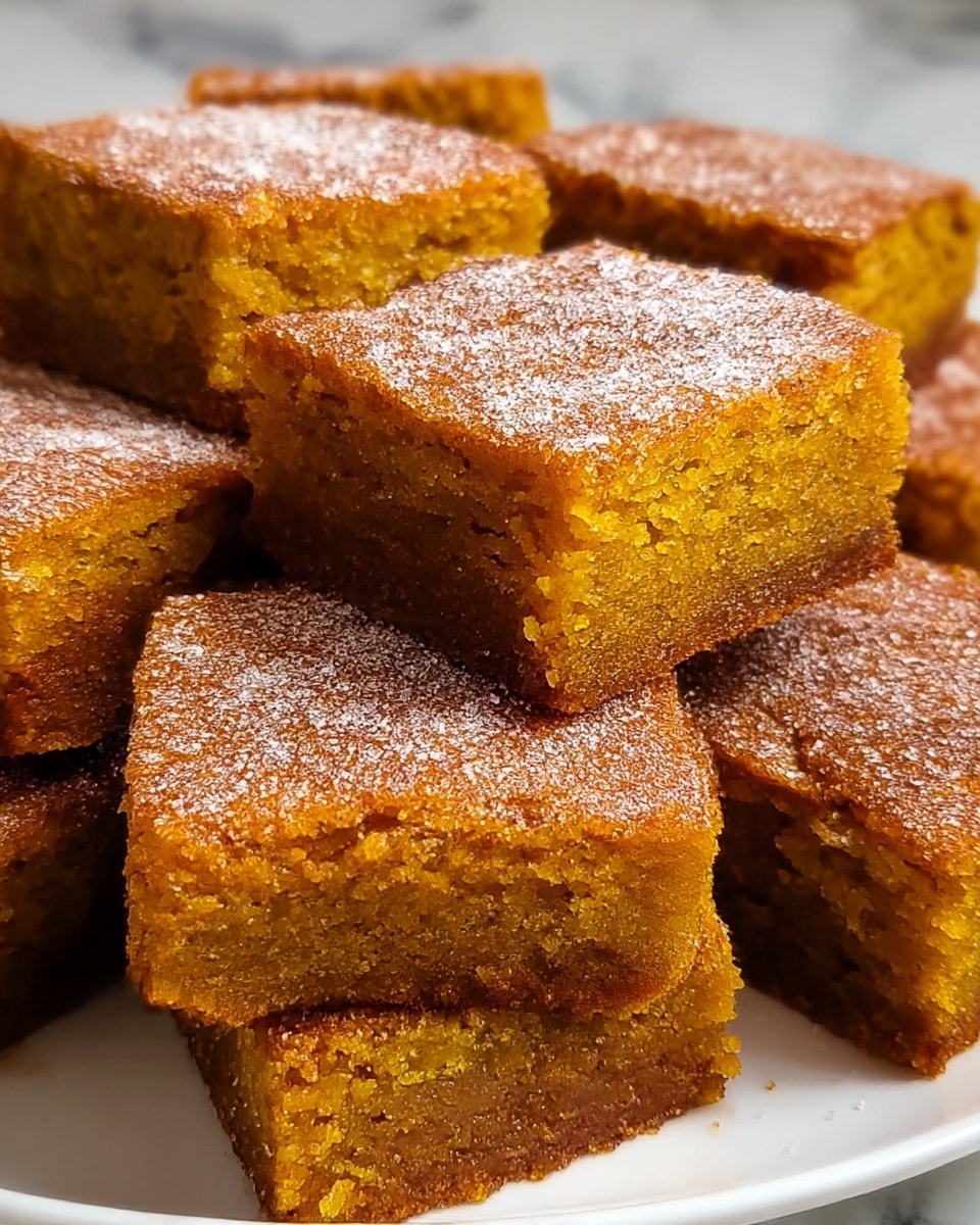 The image shows several square pieces of moist pumpkin cake stacked closely together on a white plate. Each piece has two visible layers: the bottom layer is darker and denser, while the top layer is lighter orange and airy with a soft crumb texture. The tops of the squares are sprinkled with a fine dusting of powdered sugar and cinnamon, giving a slightly sparkly, textured look. The cake pieces have a warm orange-brown color, with a slightly shiny surface under the light. The background is a white marbled texture. photo taken with an iphone --ar 4:5 --v 7