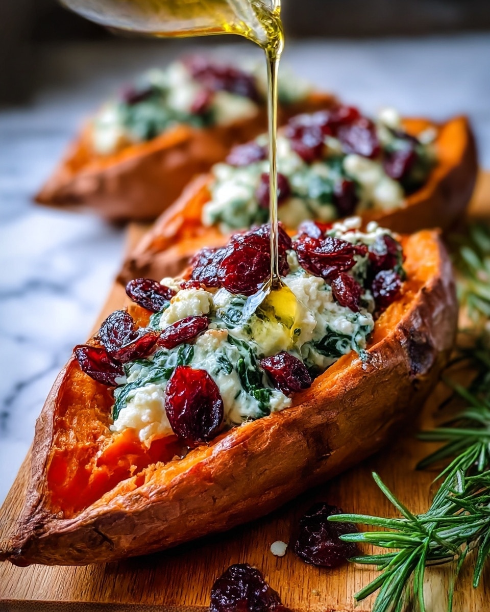 A roasted sweet potato cut in half lengthwise, showing its bright orange, soft, and slightly caramelized inside in one layer, topped with a creamy green spinach and white cheese mixture spread thickly across the surface in the second layer, and scattered dark red dried cranberries over the top in the third layer. A thin stream of golden oil is being poured onto the potato from above. The sweet potatoes are set on a wooden board with a sprig of fresh rosemary visible at the corner, and the background shows a blurred second stuffed sweet potato. The photo is taken on a white marbled surface. Photo taken with an iphone --ar 4:5 --v 7