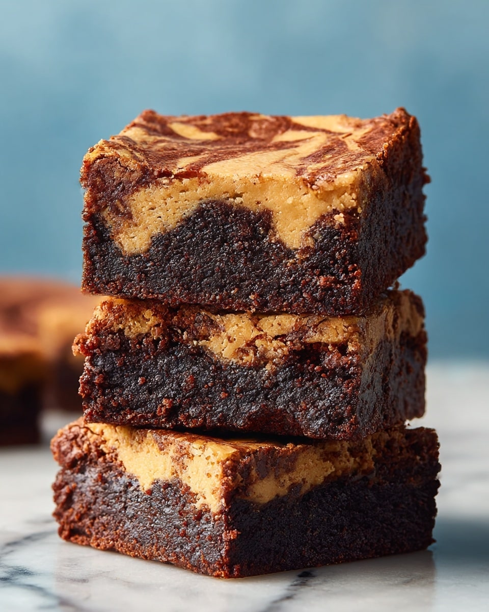 Three thick square brownies are stacked on top of each other on a white marbled surface. Each brownie has two main layers: the bottom layer is dark, rich, and fudgy chocolate with a moist texture, while the top layer has a creamy, light brown peanut butter swirl that creates an uneven patchy pattern. The edges of the brownies look slightly crispy and firm, contrasting with the soft inside. The background is a soft blue, blurred to keep the focus on the brownies. photo taken with an iphone --ar 4:5 --v 7