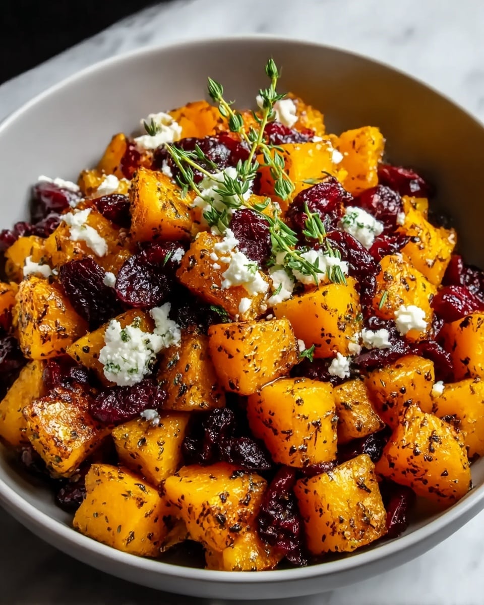 In a white bowl, there is a dish of roasted golden-yellow butternut squash cubes that have a slightly charred, speckled brown texture on their edges. Mixed among the squash are dark red dried cranberries, adding a rich contrast. On top, small crumbles of white cheese are scattered, along with a few sprigs of fresh green herbs, likely thyme. The dish shows a vibrant mix of warm colors and textures all contained in a deep bowl, set on a white marbled surface. photo taken with an iphone --ar 4:5 --v 7