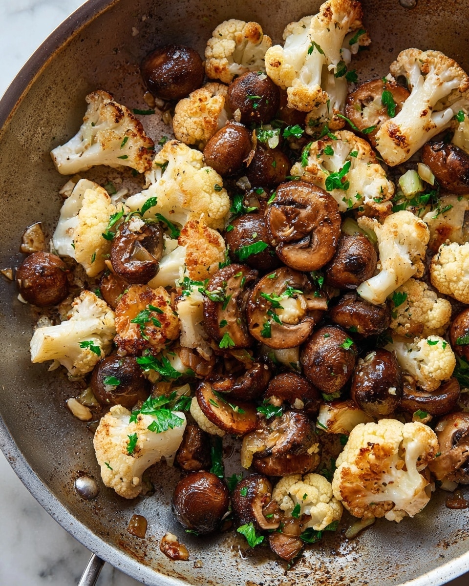 A close-up view of a frying pan filled with cooked cauliflower florets and whole brown mushrooms. The cauliflower pieces are light cream-colored with some golden-brown char marks, while the mushrooms have a rich, dark brown color with a shiny, slightly oily texture. Scattered green parsley leaves add a fresh touch on top. The pan has a worn, gray surface with some browned bits and small pieces of cooked garlic or onion. The background shows a white marbled texture surface. photo taken with an iphone --ar 4:5 --v 7
