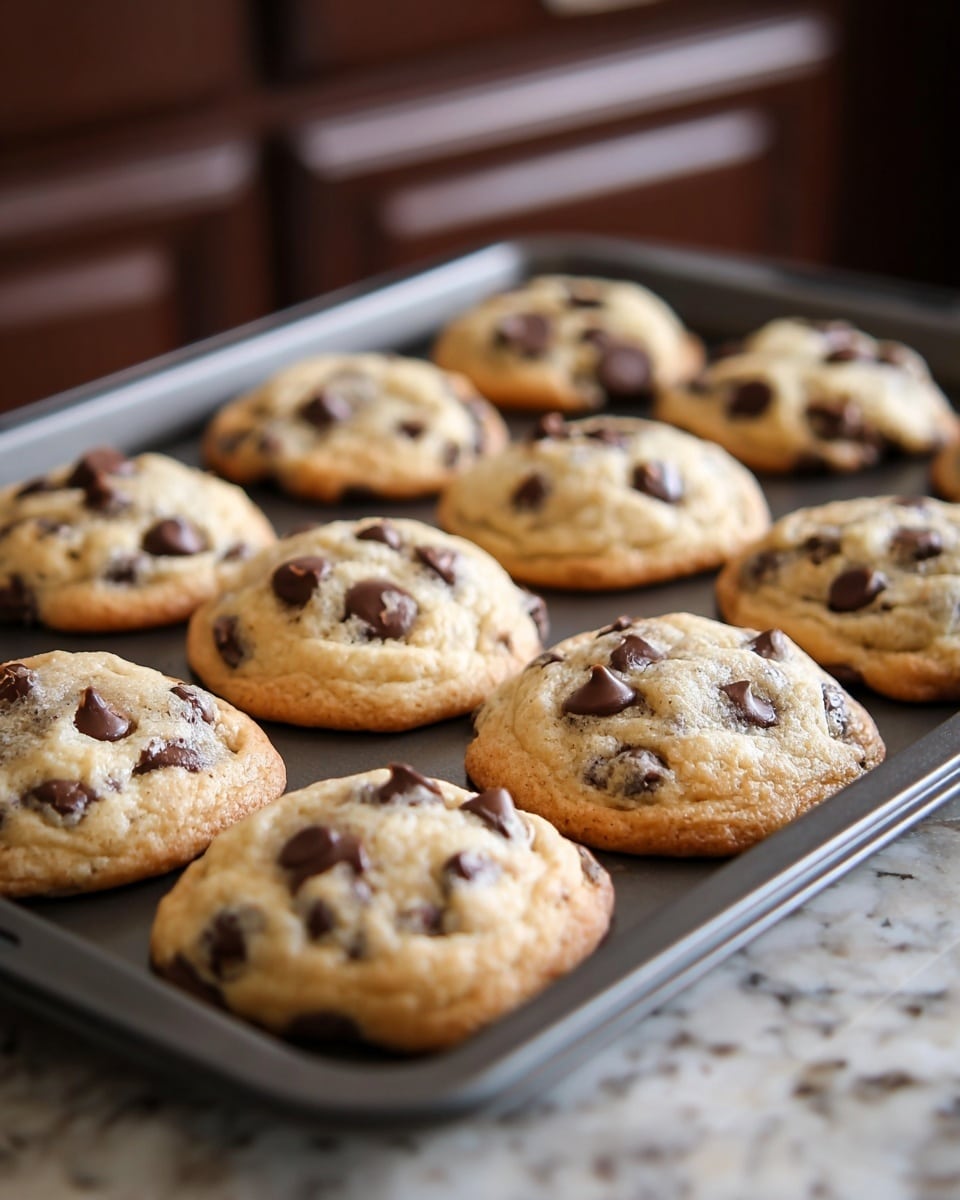The image shows a gray baking tray filled with nine freshly baked chocolate chip cookies arranged loosely in three rows. Each cookie has a soft, slightly golden-brown base with a textured light tan surface dotted with dark, glossy chocolate chips that are scattered unevenly, some slightly melted. The edges of the cookies are gently rounded and softly crisp with subtle browning. The background features out-of-focus kitchen cabinets and a white marbled countertop. The scene is lit by natural light, giving the cookies a warm, inviting appearance. Photo taken with an iphone --ar 4:5 --v 7