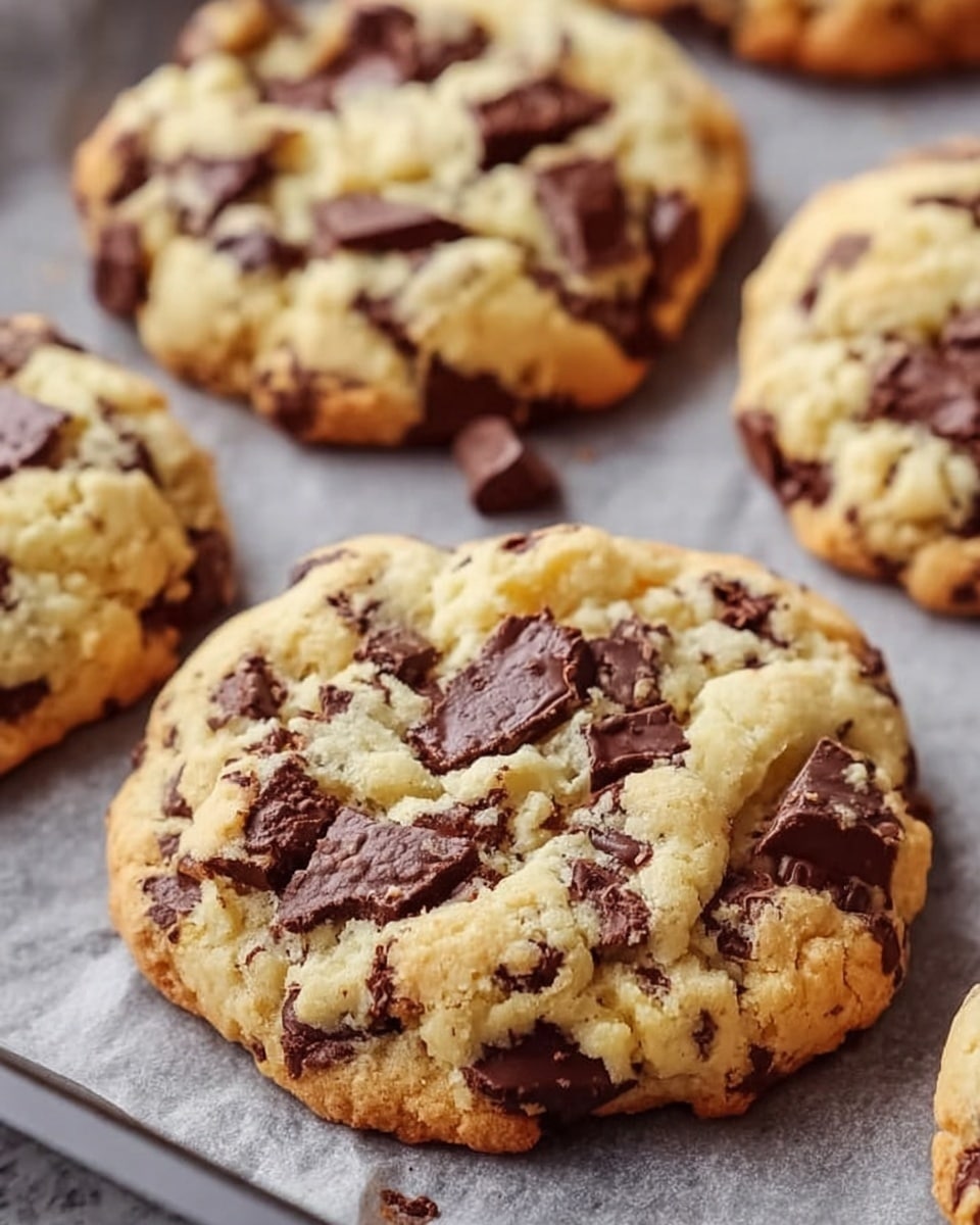 The image shows thick, soft chocolate chip cookies with a slightly crumbly texture on top, each cookie filled with many dark brown chocolate chunks and chips embedded evenly throughout. The cookies have a pale golden color with lightly browned, crisp edges and are placed closely together on a baking tray lined with parchment paper. The background is a white marbled texture providing a clean contrast. Photo taken with an iphone --ar 4:5 --v 7