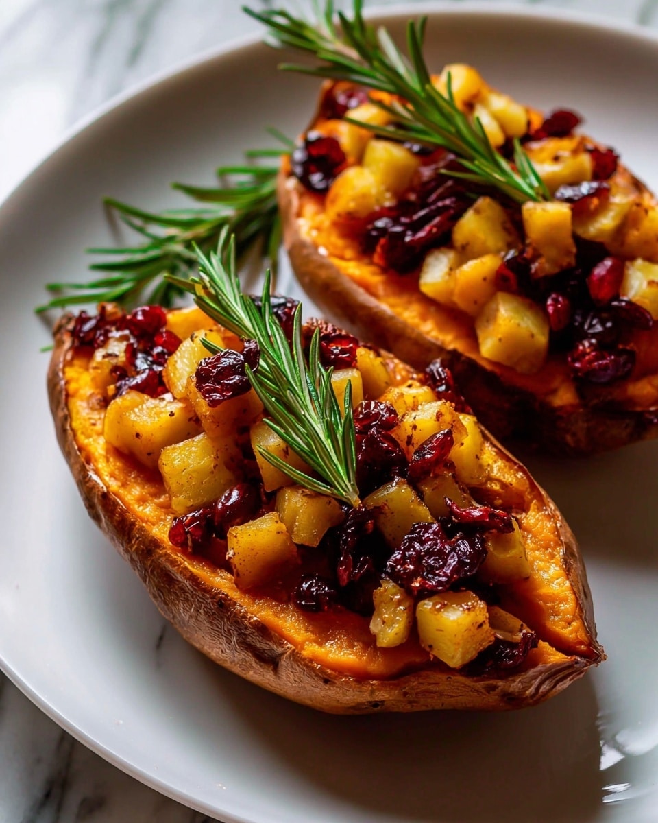 Two roasted sweet potato halves with browned, slightly crispy edges sit on a white plate over a white marbled surface. Each sweet potato half is hollowed out and filled with a topping of small, soft yellow cubes mixed with dark red dried cranberries. A small green sprig of rosemary is placed on top of each sweet potato, adding a fresh and natural touch. The image is close-up, showing the texture of the cooked sweet potato skin and the glossy, moist look of the fruit topping. photo taken with an iphone --ar 4:5 --v 7
