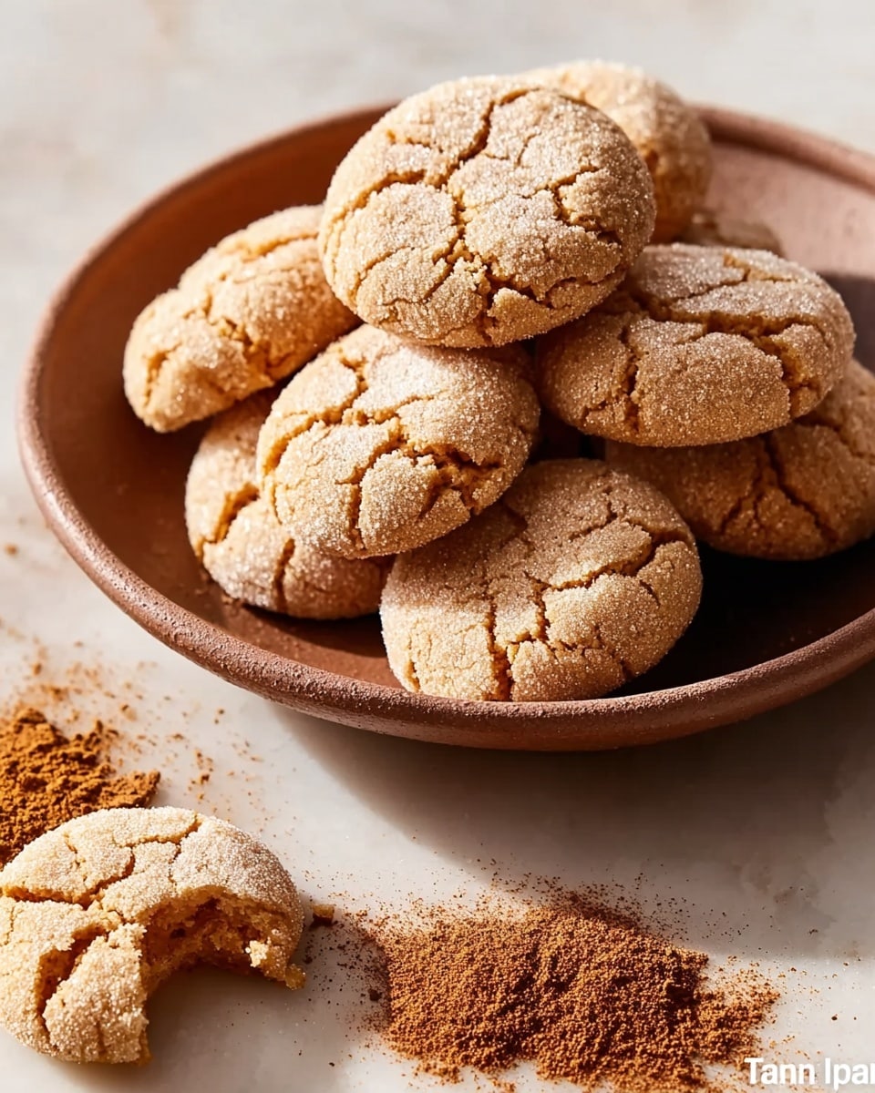 A white bowl filled with a pile of light brown round cookies with cracked surfaces showing a soft texture inside, with one cookie placed outside the bowl on a white marbled surface next to a small pile of cinnamon powder sprinkled casually in front. The cookies have a rough sugar-coated layer and uneven cracks giving a rustic look. Photo taken with an iphone --ar 4:5 --v 7