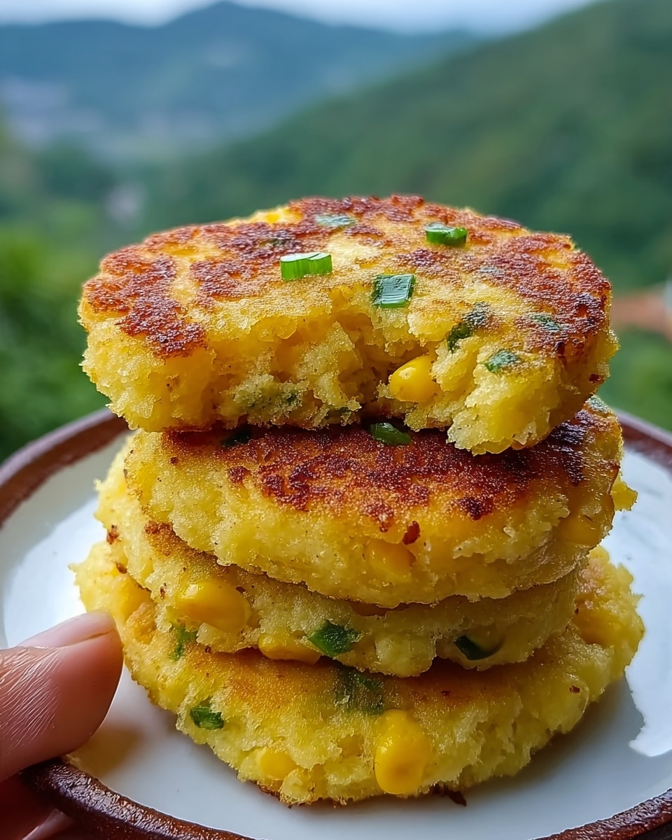 The image shows a stack of three thick, round corn fritters placed on a white plate with a brown rim, set on a white marbled surface. Each fritter is golden yellow with visible whole corn kernels and small green pieces, likely chopped green onions, embedded within. The top fritter has a small piece of green onion on its center, and a woman's hand is holding the plate from the left side. The fritters look crispy on the outside but soft and fluffy inside, with the middle fritter slightly broken to reveal a tender texture. The background is blurred with shades of green. photo taken with an iphone --ar 4:5 --v 7