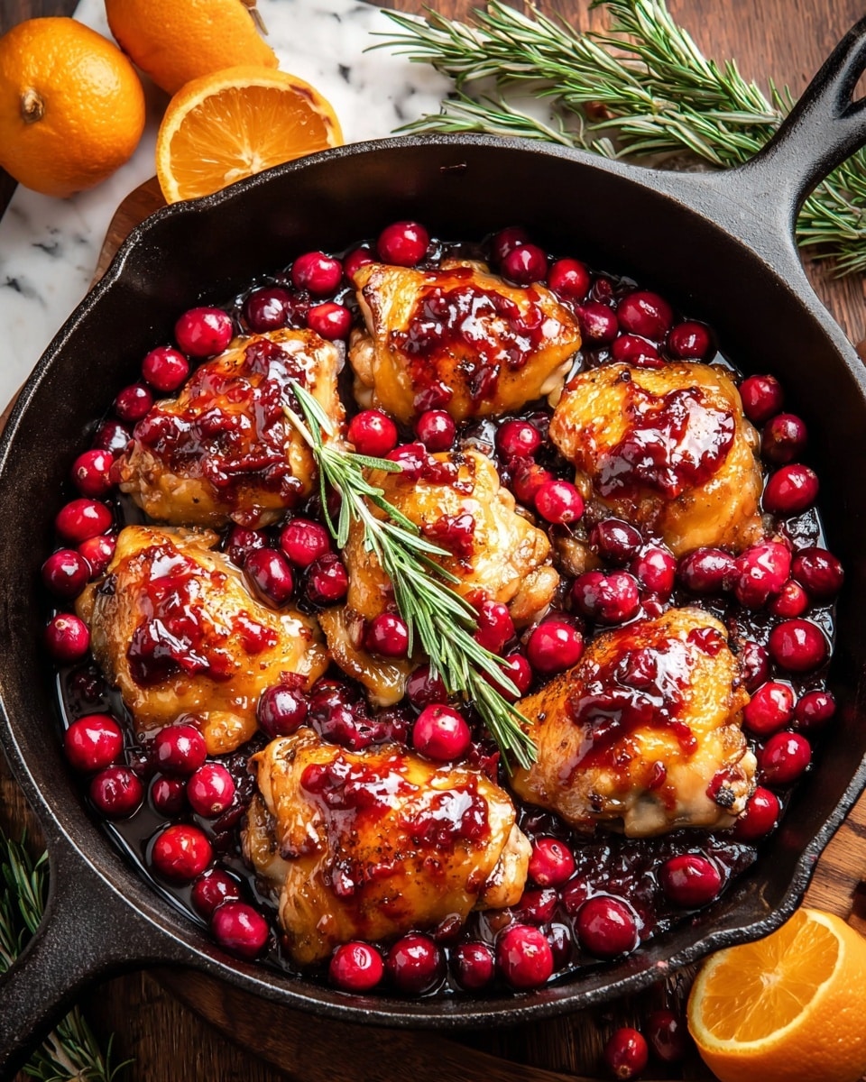 A black cast iron pan filled with six glazed chicken pieces, each golden-brown and covered with a shiny, thick red cranberry sauce. Bright red whole cranberries are scattered all around and on top of the chicken. A fresh green rosemary sprig rests in the middle of the pan. The pan is set on a wooden board surrounded by scattered fresh cranberries, rosemary sprigs, and halved and whole bright orange oranges, all placed on a white marbled surface. photo taken with an iphone --ar 4:5 --v 7