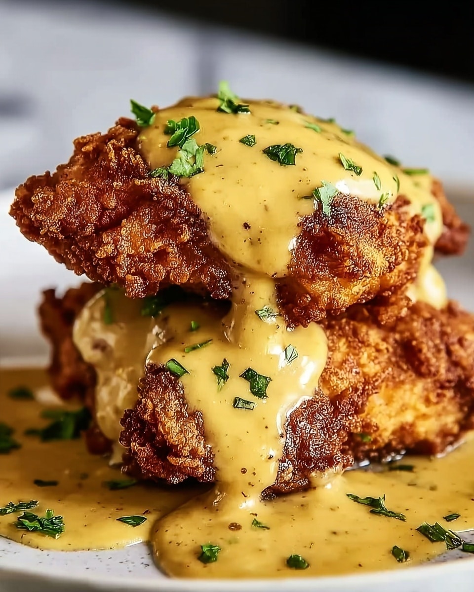 The image shows two layers of golden brown fried chicken pieces with a crispy texture, stacked on top of each other. A thick, creamy yellow mustard sauce generously covers the chicken, dripping down the sides and pooling slightly at the base. Small green herbs are sprinkled on the sauce and around the chicken, adding a fresh touch. The chicken and sauce rest on a white plate that sits on a white marbled surface, giving a clean and elegant look. photo taken with an iphone --ar 4:5 --v 7