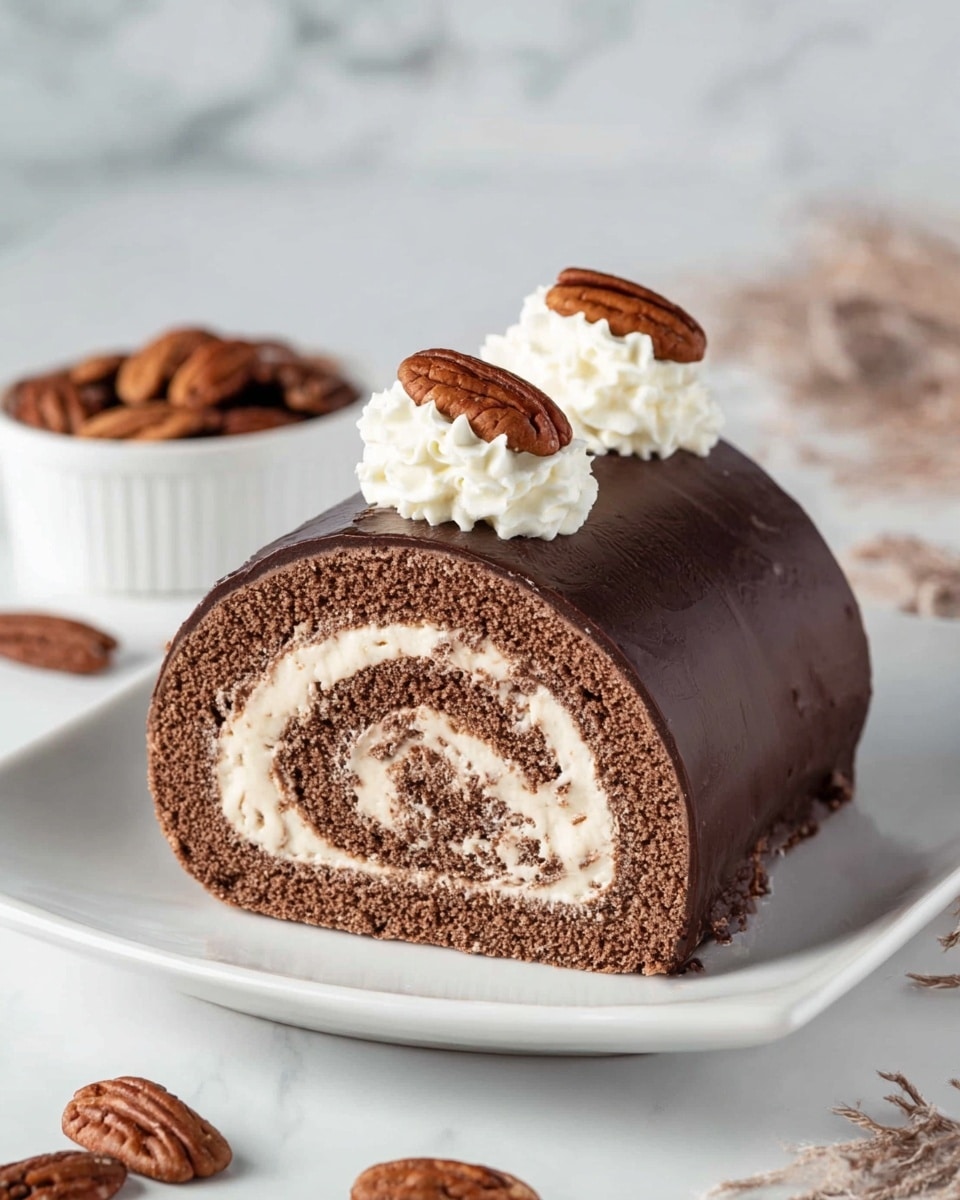 A chocolate roll cake sits on a white plate with a marbled texture. The cake has three main layers: the outermost layer is a smooth, dark chocolate coating that covers the whole roll. Inside, the middle layer is a soft, light brown chocolate sponge cake, which spirals around a creamy, light beige filling in the center. On top of the roll, there are two swirls of white whipped cream, each decorated with a whole brown pecan nut. In the background, a white bowl filled with pecan nuts and a few scattered pecans lie on the surface, which is white with a marbled texture. photo taken with an iphone --ar 4:5 --v 7