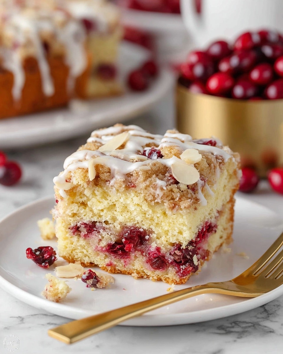 A square piece of crumb cake sits on a white plate with a gold fork next to it, showing three visible layers: a golden crumb top layer drizzled with white icing and sprinkled with almond slivers, a middle layer of light yellow cake embedded with bright red cranberries, and a bottom layer of slightly browned cake. The cake looks soft and moist with crumbs scattered on the plate. In the background, a white plate with more cake and a gold container filled with fresh cranberries sit on a white marbled surface. photo taken with an iphone --ar 4:5 --v 7