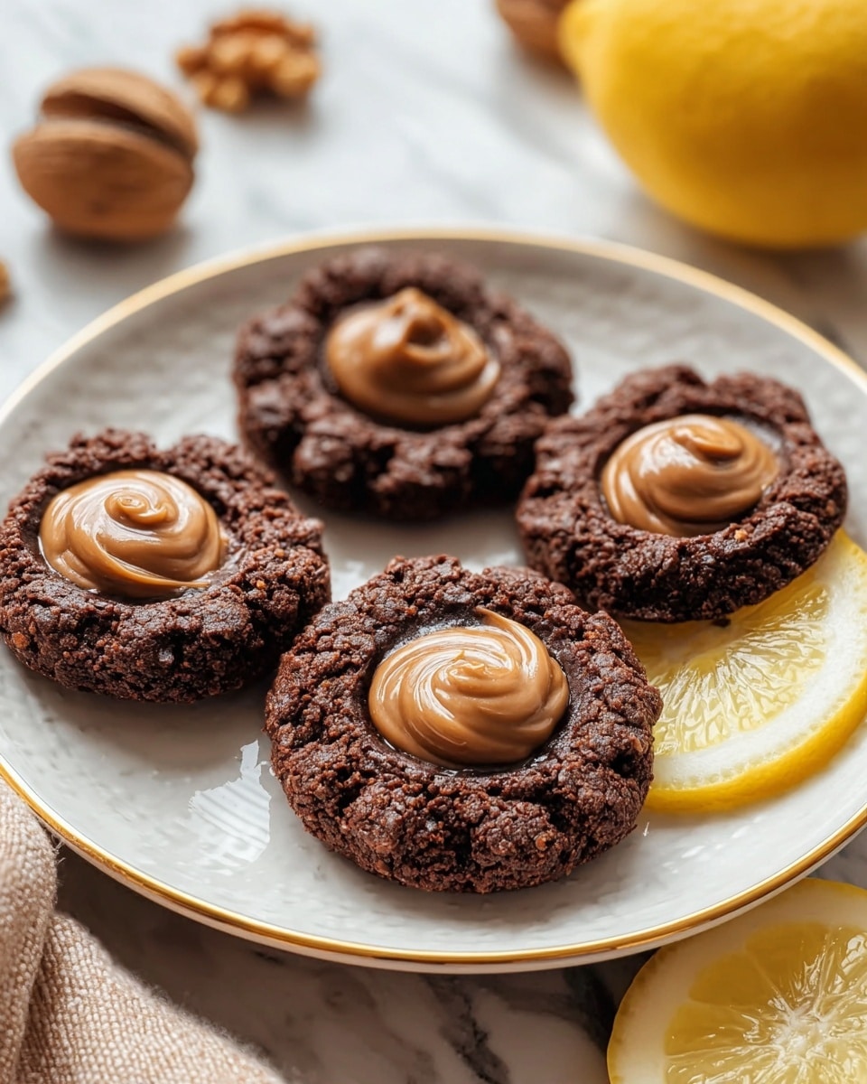 Four round, dark brown chocolate cookies with a rough, crumbly texture around the edges are placed on a white plate with a gold rim. Each cookie has a smooth, shiny swirl of light brown creamy chocolate spread in the center. The plate sits on a white marbled surface, next to a yellow lemon slice and some whole walnuts in the background. The composition looks warm and cozy with soft lighting. photo taken with an iphone --ar 4:5 --v 7