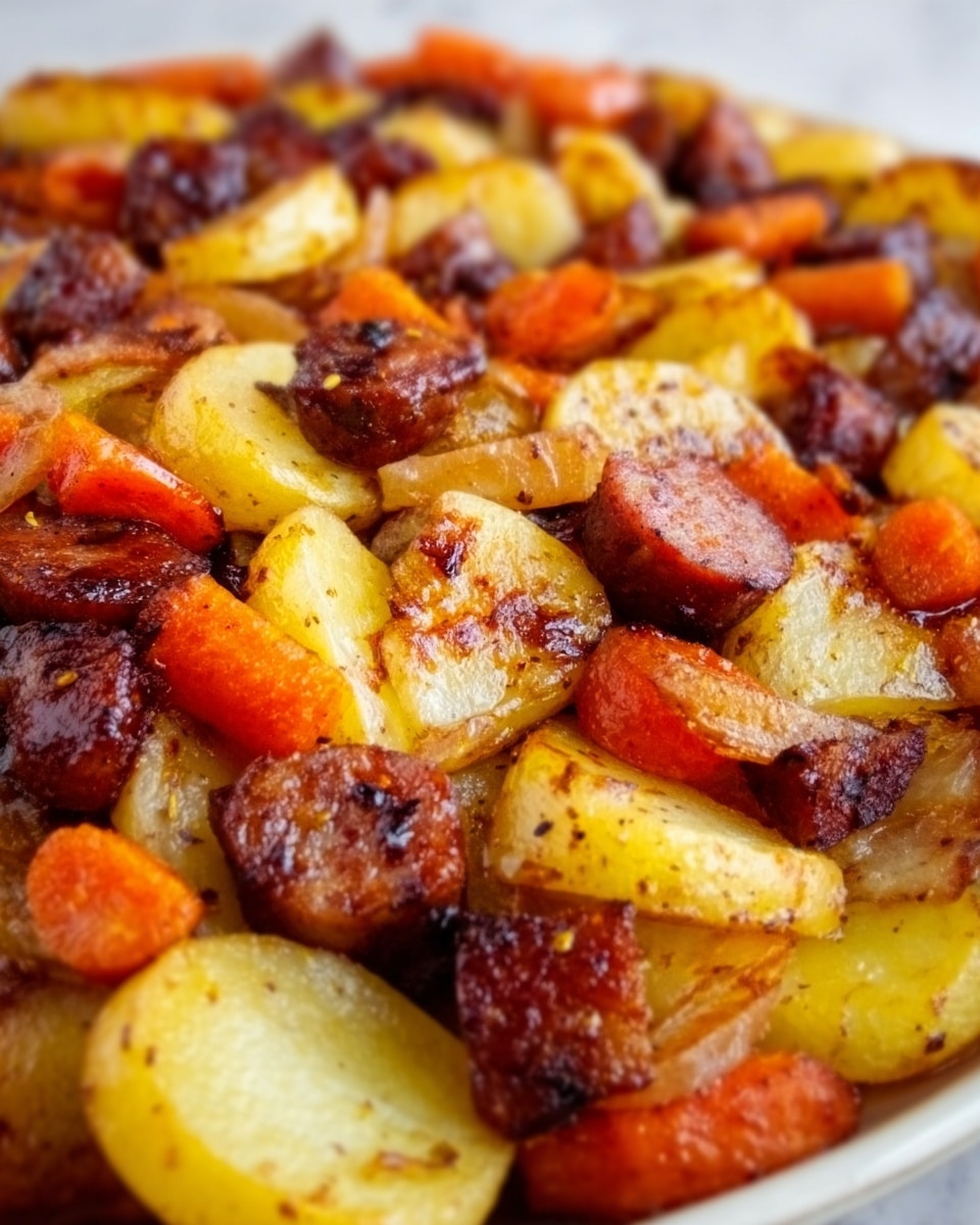 A close-up of a white plate filled with a cooked mixture of sliced potatoes, diced carrots, and chunks of sausage. The bottom layer shows golden-brown potato slices with a slightly crispy texture, scattered evenly. Above the potatoes are bright orange carrot slices, slightly softened and mixed throughout. The top layer consists of browned sausage pieces with a shiny, caramelized surface, giving a rich, meaty look. The dish has a warm, inviting color palette of yellow, orange, and dark brown, all resting on a white marbled surface. Photo taken with an iphone --ar 4:5 --v 7