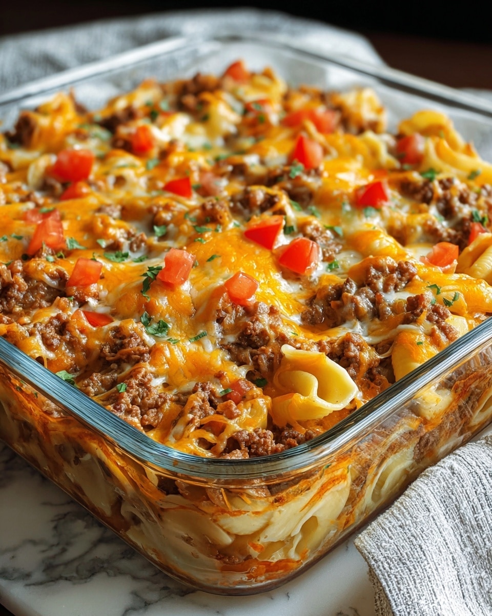 The image shows a baked dish in a clear glass square container with three visible layers. The bottom layer is made of cooked pasta shells, creamy in color and soft in texture. The middle layer has browned ground meat mixed with melted yellow-orange cheese, giving it a rich and hearty look. The top layer is a mix of more pasta shells, browned melted cheese, small bright red diced tomatoes, and a sprinkling of green herbs. The container is on a white marbled surface, and a white and gray cloth is partially visible on the side. The lighting highlights the melted cheese and the fresh toppings, making it look warm and appetizing. photo taken with an iphone --ar 4:5 --v 7