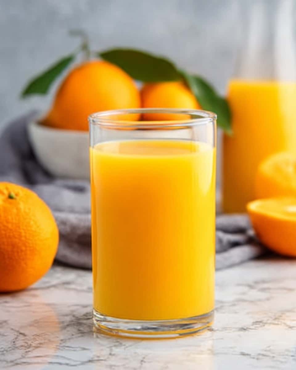 A clear glass filled with bright orange juice sits on a white marbled surface. Behind the glass, on the right, there is a white bowl holding several fresh oranges and green leaves, adding a natural touch. To the left, a whole orange rests next to a gray cloth. The juice looks smooth and thick, with a vibrant color that stands out against the soft background. The scene has soft, natural lighting creating a fresh and clean look. Photo taken with an iphone --ar 4:5 --v 7