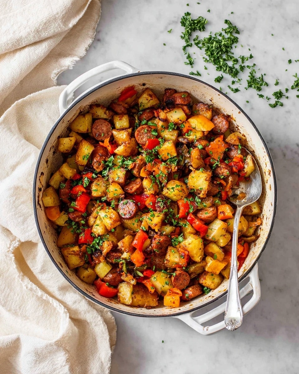 A white pot filled with a cooked mix of chunky diced potatoes, browned sausage slices, bright red bell pepper pieces, and small bits of orange carrot, all stirred together and lightly garnished with green parsley. The vegetables and sausages create a colorful, textured medley with golden, brown, and red tones throughout. A silver spoon rests inside the pot on the right side, and some chopped parsley pieces are scattered on the surrounding white marbled surface beside fresh sprigs of parsley. A beige cloth is placed on the left near the pot. photo taken with an iphone --ar 4:5 --v 7