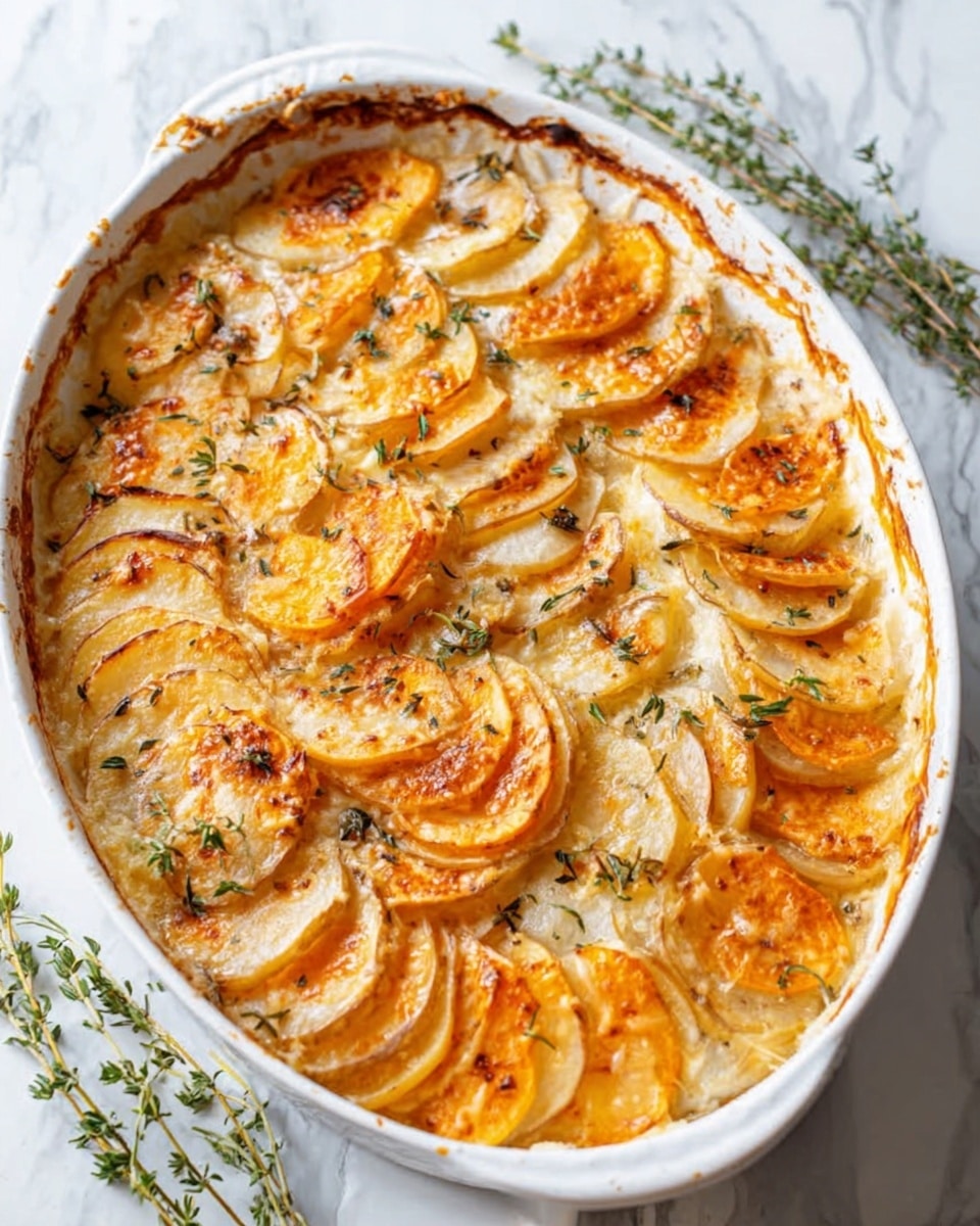 A white oval baking dish filled with thinly sliced golden brown potatoes arranged in even rows standing on their edges. The slices have a slightly crispy textured top with a light cream sauce in between visible on the bottom. Small sprigs of fresh green herbs are scattered on top, adding a pop of color. The dish sits on a white marbled surface with soft natural light highlighting the warm tones of the potatoes. Photo taken with an iphone --ar 4:5 --v 7