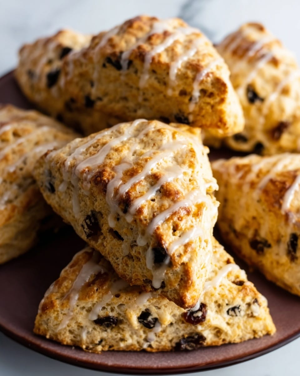 A close-up view of several golden-brown scones stacked on a white plate, each scone showing a slightly crumbly texture with visible dark bits of dried fruit inside. The scones have a light drizzle of white icing on top with some small, coarse sugar crystals sprinkled over them. The background is a white marbled surface. Photo taken with an iphone --ar 4:5 --v 7