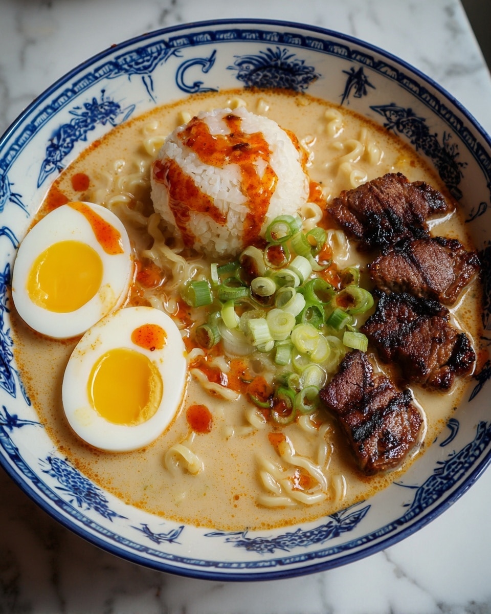 A bowl with a blue floral pattern on the edges holds a creamy light brown soup filled with wavy noodles in the center topped with a dollop of white rice and a drizzle of red sauce. To the left, two halves of a soft-boiled egg with bright yellow yolks rest on the surface. To the right, fresh chopped green onions add green color. Below the noodles, five small pieces of dark brown grilled meat sit partially submerged in the soup. The bowl is set on a white marbled surface with part of another plate and a sauce bottle visible in the background. Photo taken with an iphone --ar 4:5 --v 7