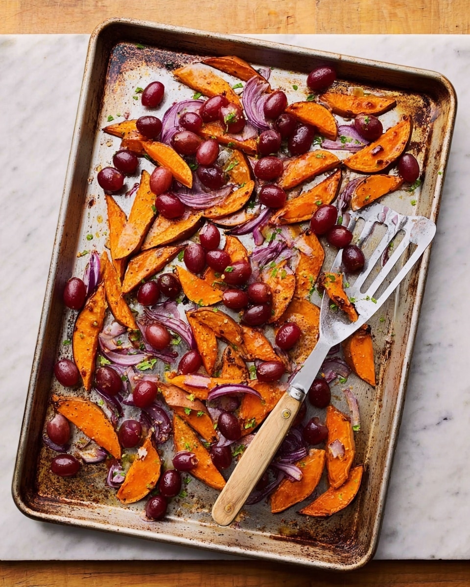 A metal baking tray filled with a mix of roasted sweet potato wedges, deep purple-red grapes, and thin slices of red onion, all cooked to a slightly crisp texture with light charring on the edges. The orange sweet potatoes are scattered in uneven chunks across the tray, interspersed with round, plump grapes that appear juicy, and slightly wilted, curled red onion strips. Bright green herb leaves are sprinkled over the mix, adding a fresh contrast. A metal spatula rests on the tray’s lower right corner, partially under some vegetables. The tray sits on a white marbled surface. photo taken with an iphone --ar 4:5 --v 7