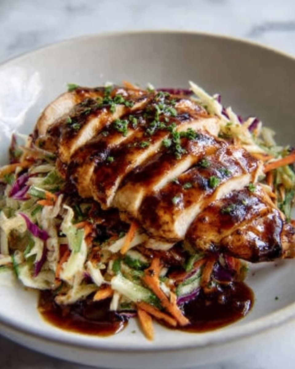 A white plate on a white marbled surface holds a dish of sliced grilled chicken arranged neatly in one half. The chicken is glazed with a shiny brown sauce, which is drizzled over the top evenly, adding a glossy texture. Beside the chicken is a colorful coleslaw made of shredded purple cabbage, orange carrots, and green herbs, giving a fresh, crunchy contrast. The plate’s contents fill it well, showing a nice balance between the warm chicken and vibrant salad. Photo taken with an iphone --ar 4:5 --v 7